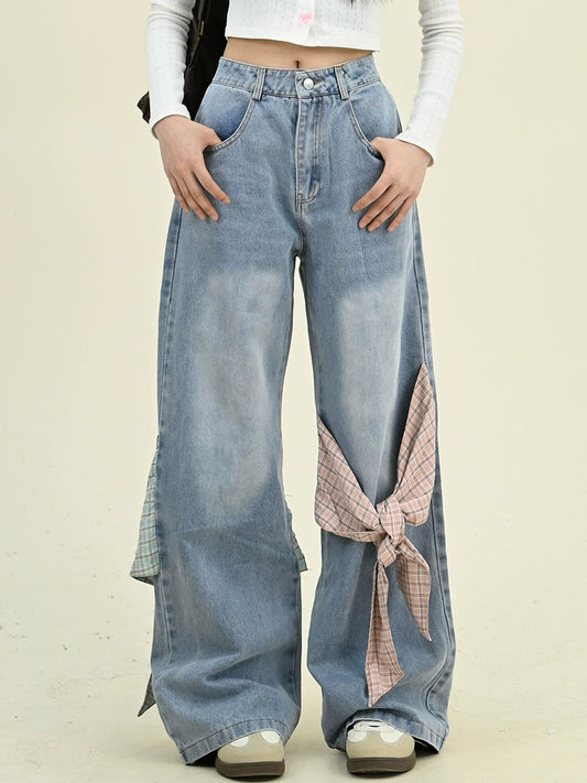 Bow Tie-Waist Wide-Leg Denim Jeans NA6475