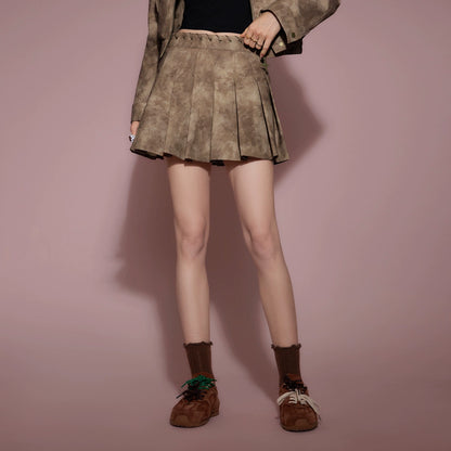 PU Leather Jacket & Pleats Short Skirt Setup NA6857