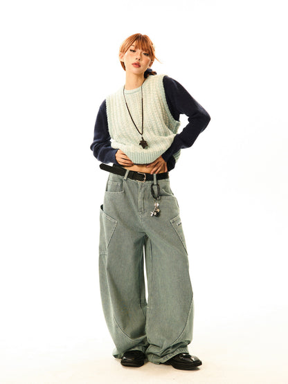 Stripe Pattern Wide Leg Denim Jeans NA9353