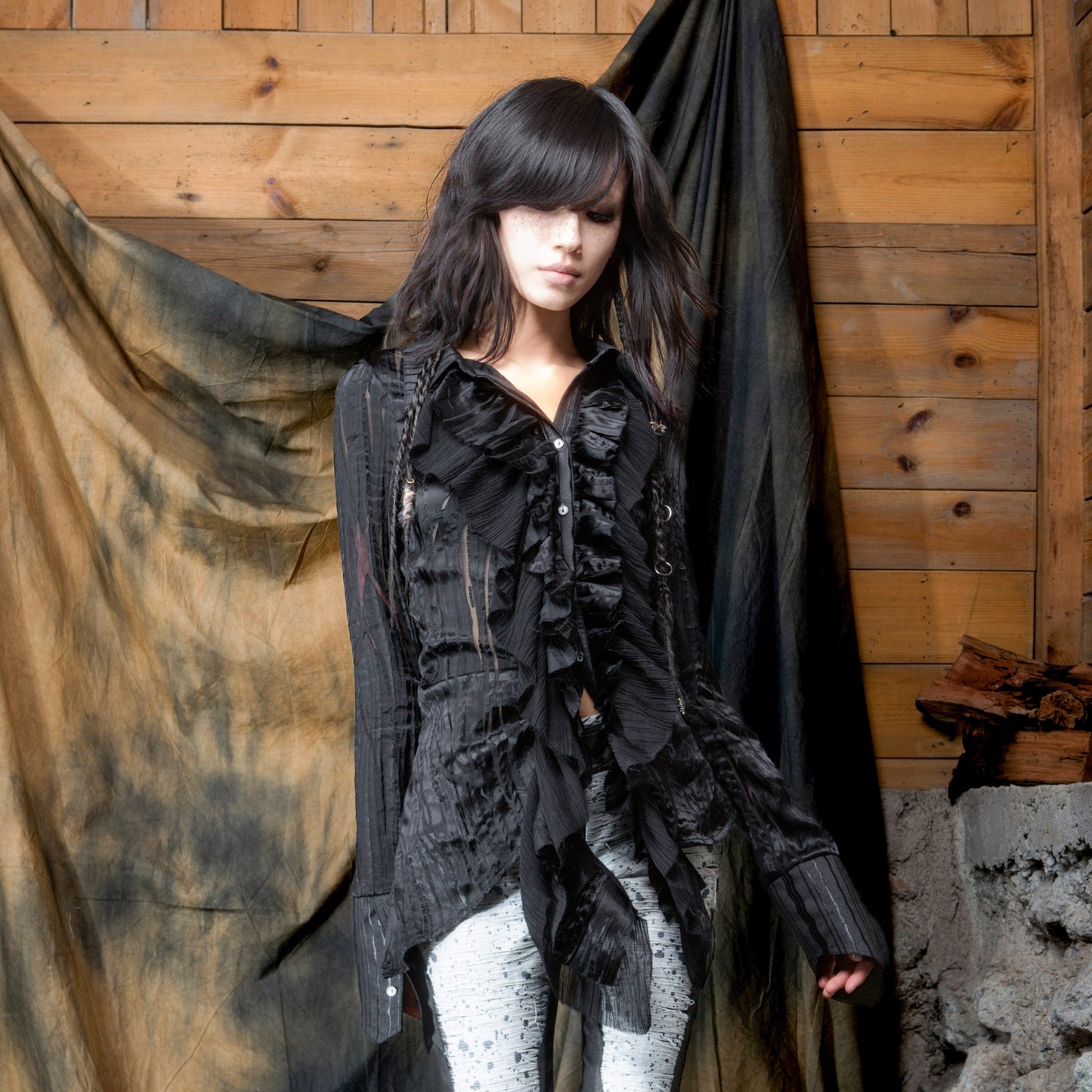 Original Punk Two-Tone Waist-cinching Ruffle Asymmetric Shirt NA8350