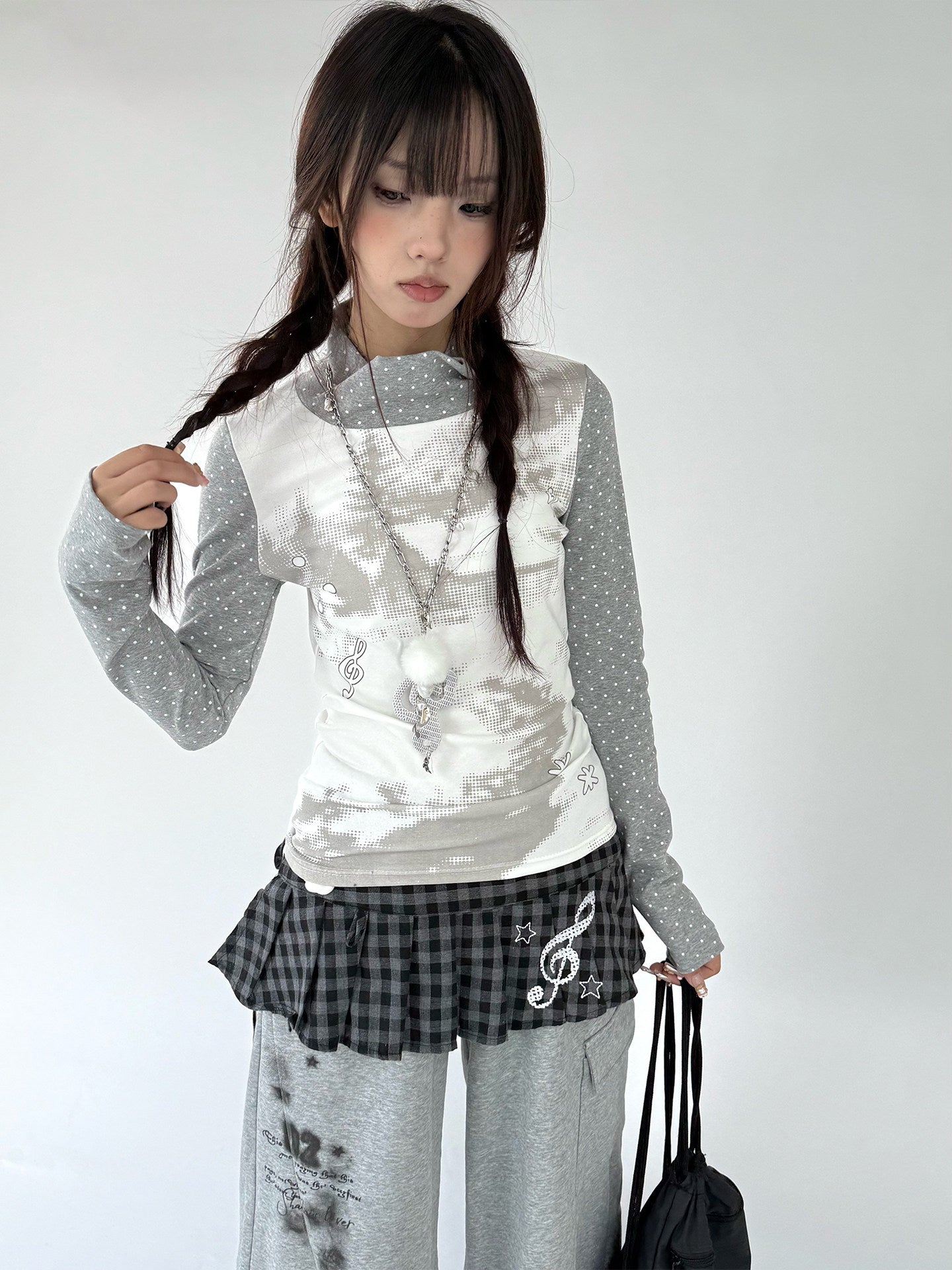 Polka Dot Print High-Neck Long Sleeve T-Shirt NA9249