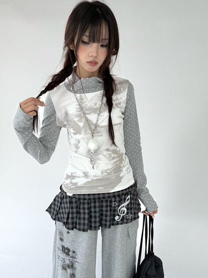 Polka Dot Print High-Neck Long Sleeve T-Shirt NA9249