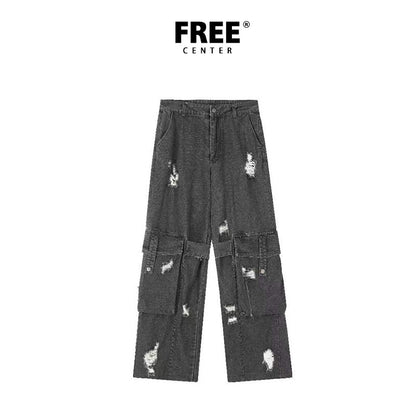 Damage Design Wide Leg Straight Denim Jeans NA8874