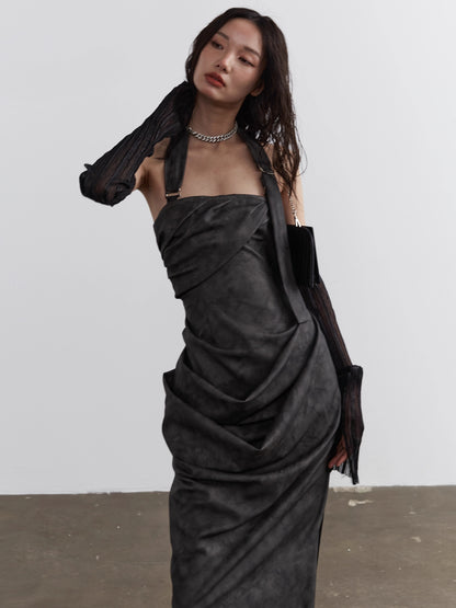 Long Slit Smoke Ink Stained PU Leather Halter Strap Neck Dress NA5203