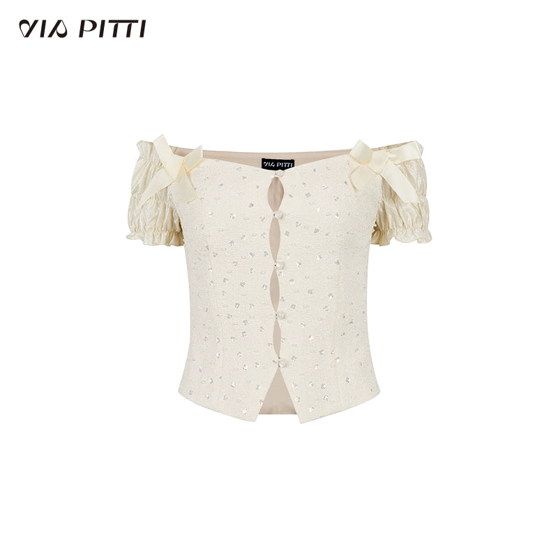 3D Pearl Mesh Bow Short Sleeve Blouse NA4797