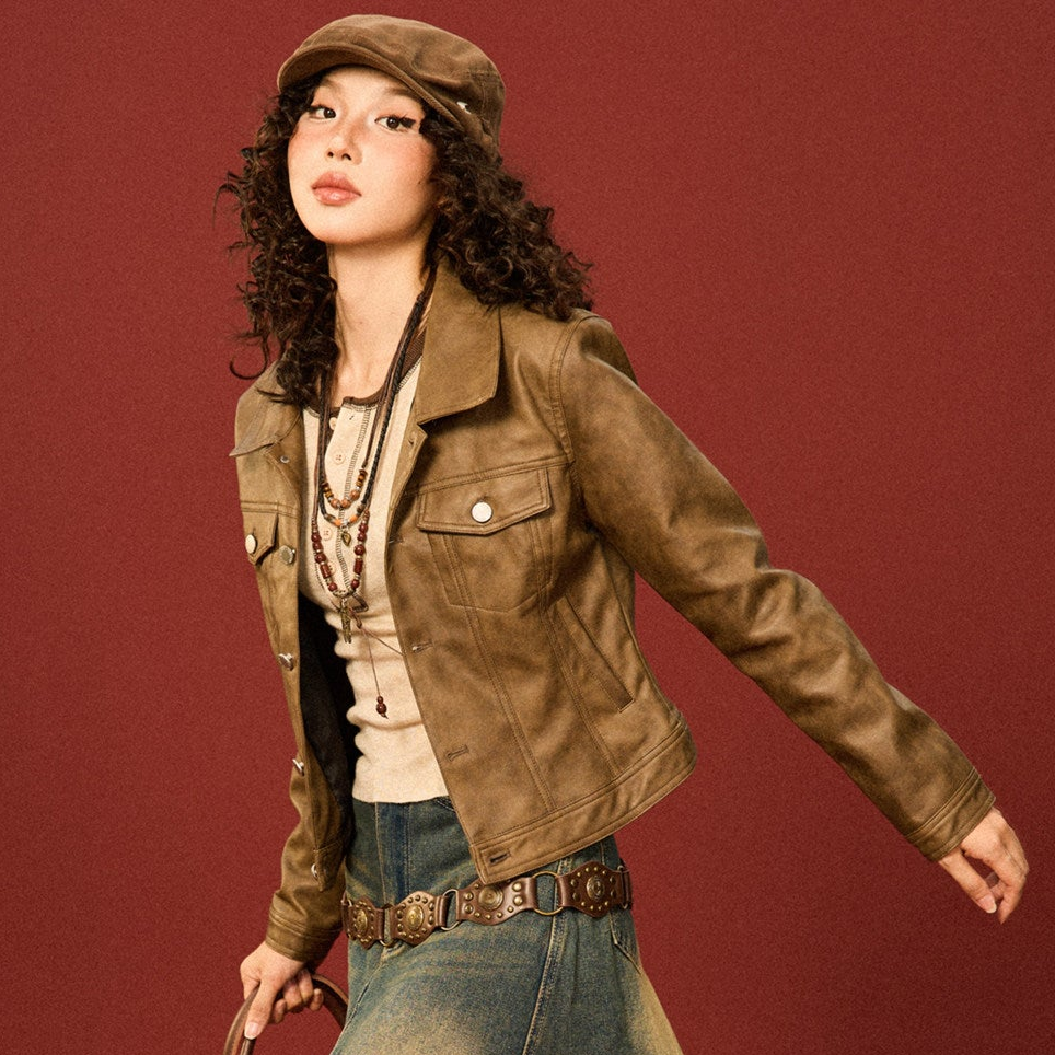 PU Leather Standing-Collar Short Jacket NA9334