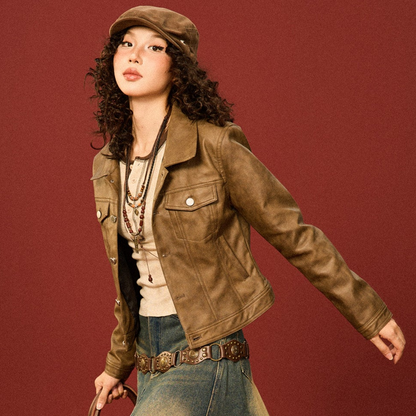 PU Leather Standing-Collar Short Jacket NA9334