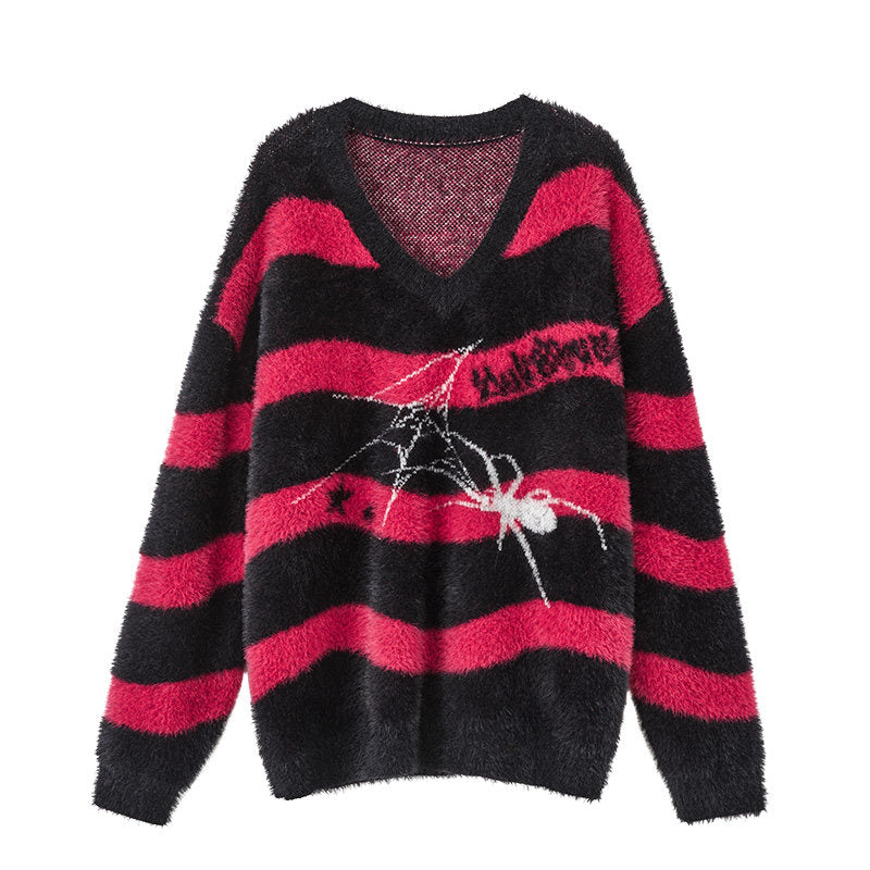 Mohair Spider Pattern Stripe Oversize V-Neck Knit Sweater NA8894