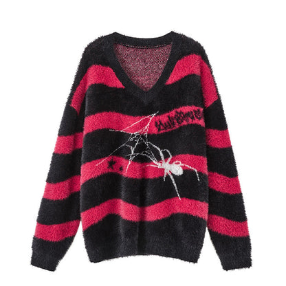 Mohair Spider Pattern Stripe Oversize V-Neck Knit Sweater NA8894