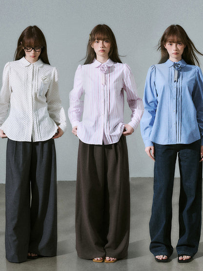 Lace & Flower Detail Stripe Long Sleeve Shirt NA8843