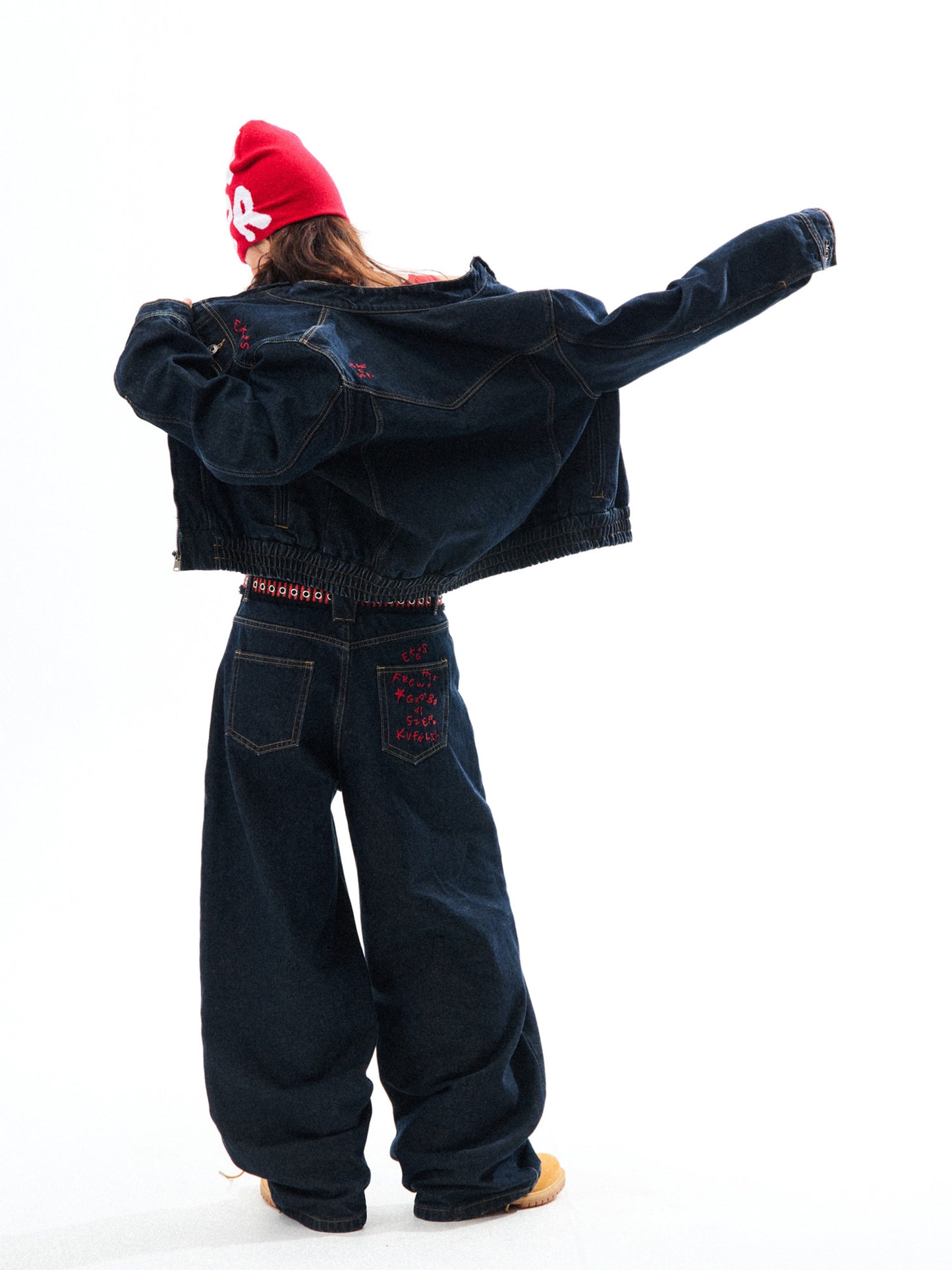 Embroidered Cropped Denim Jacket & Wide-Leg Denim Jeans Setup NA9420