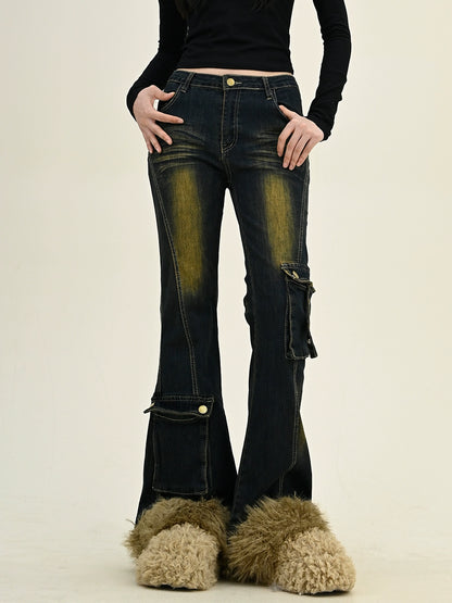 Fake Fur Flare Cargo Denim Jeans NA6286