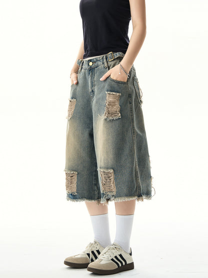 Damaged Wide Leg Denim Shorts NA3186