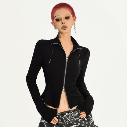 Double Zipper Fitted Long Sleeve Slim Knit Cardigan NA8578