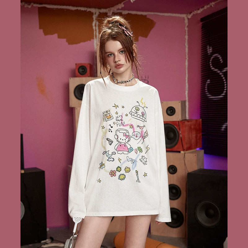 Cute Cat Print Oversize Long sleeve T-shirt NA3469