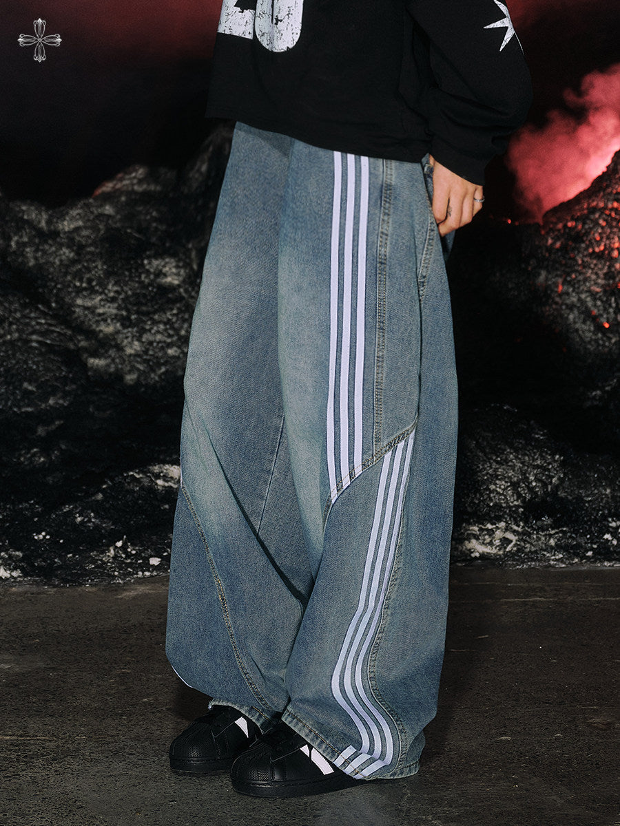 Stripe Line Washed Wide Leg Denim Jeans NA8941