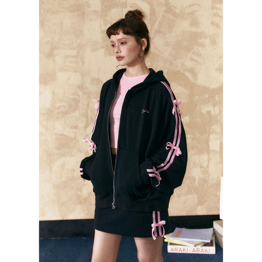 Oversize Ribbon Stripe Zipper Hoodie & Ribbon Short Skirt Setup NA2464