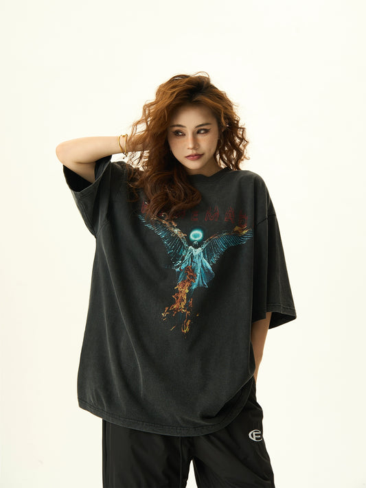 Washed Graffiti Print Short Sleeve Oversize T-shirt NA3179