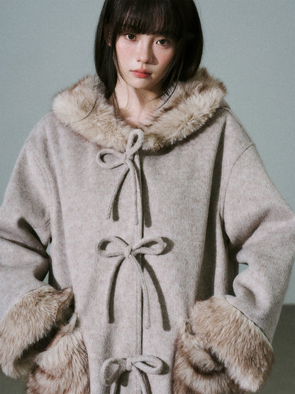 Bow Detail Fake Fur Trim Coat NA8829