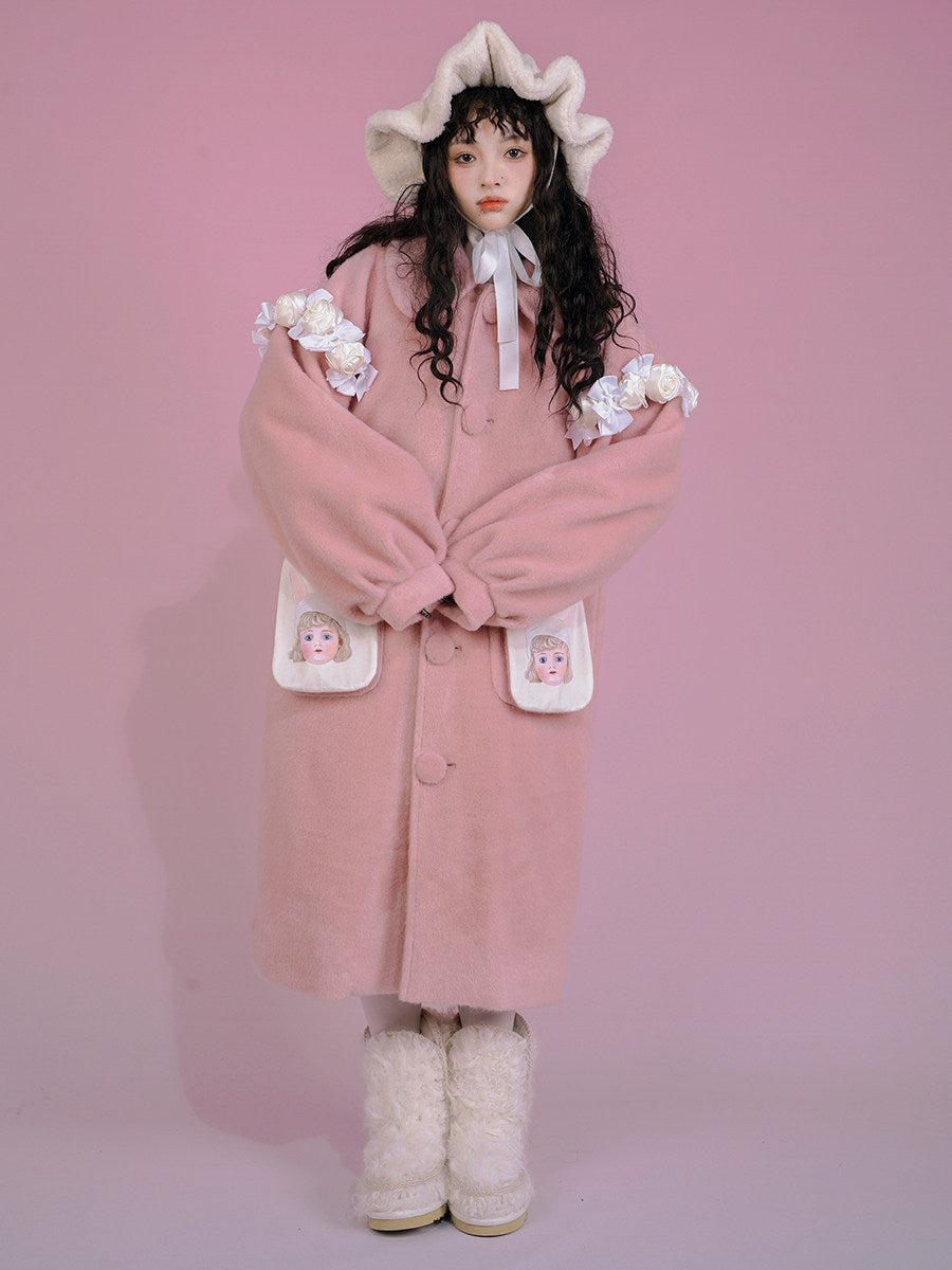 Puff Sleeve Doll Print Wool Coat NA8312