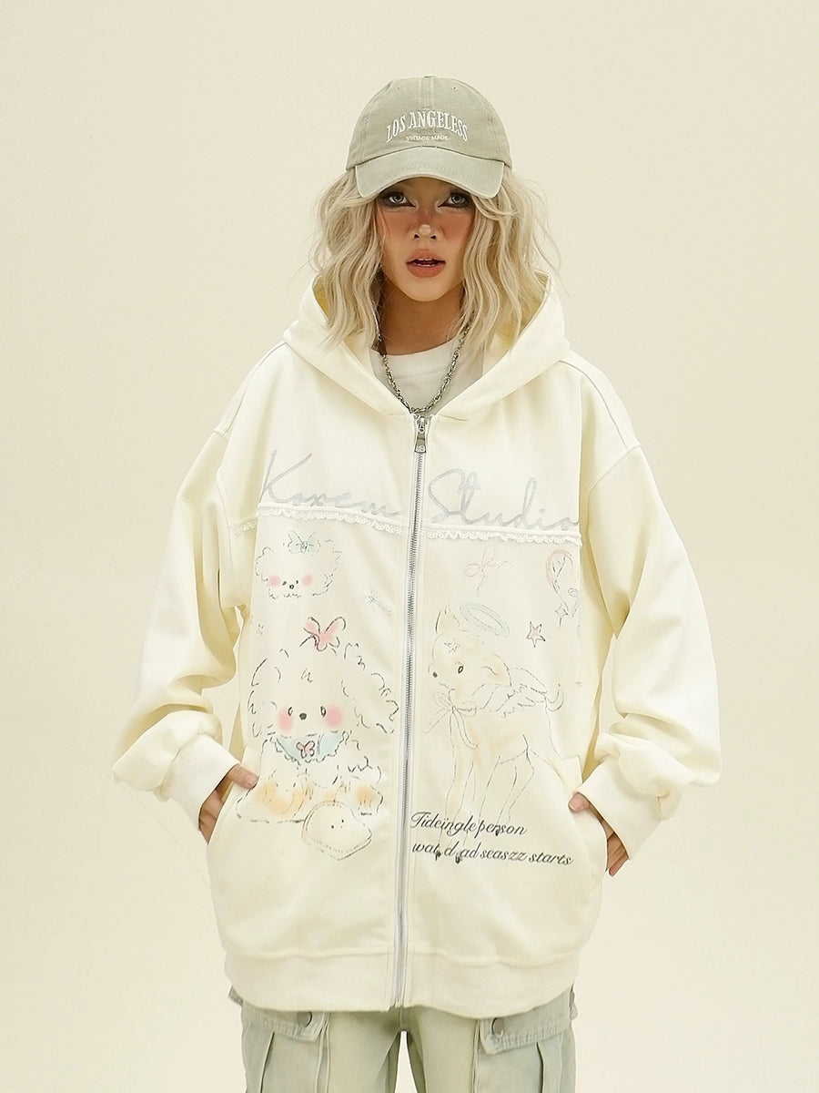 Cartoon Hand-Drawn Oversize Zipper Hoodie NA6335