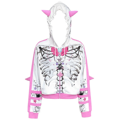 Skull Bowknot Print  Horns Hoodie NA6614