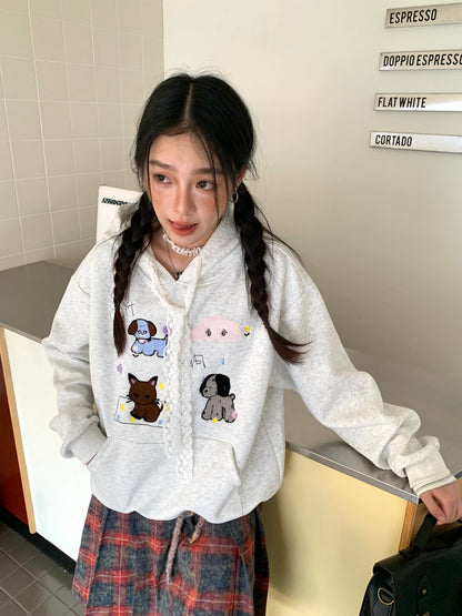 Lace Embroidery Dog Print Oversize Pullover Hoodie NA9270