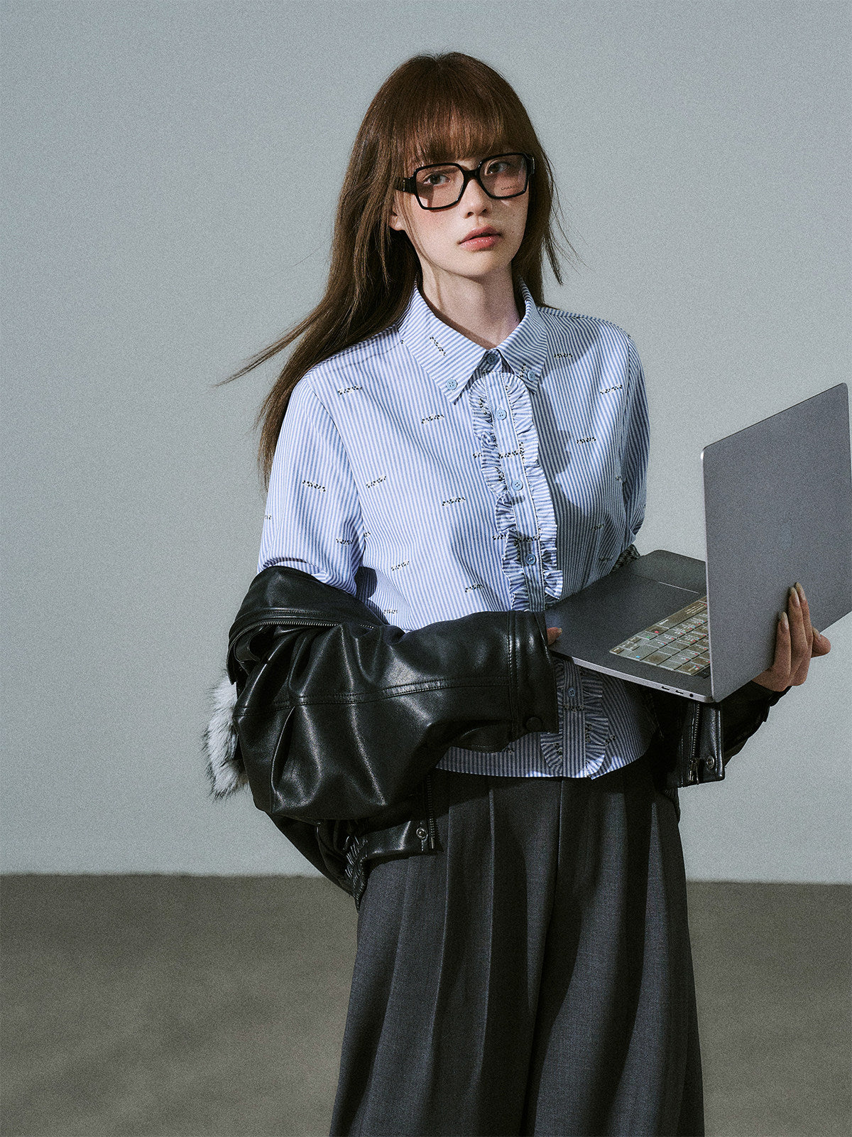 Ruffle Placket Striped Button-Up Long Sleeve Shirt NA8831