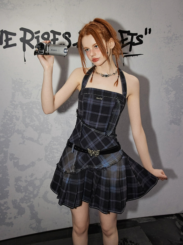 Pleated Hem Checkered Dress NA3361