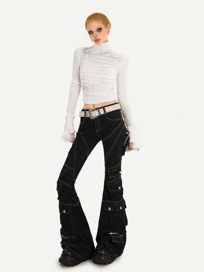 Utility Multi-Pocket Flare Cargo Denim Jeans NA8627