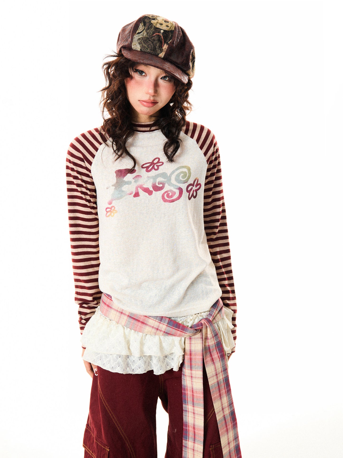 Stripe Raglan Graphic Print Long Sleeve T-Shirt NA9344