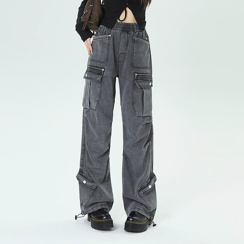 Washed Wide-Leg Straight Cargo Denim Jeans NA3319