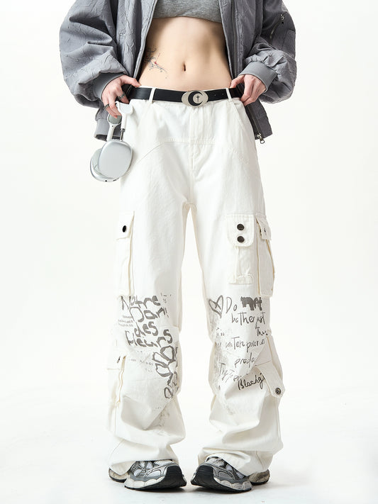 Print Wide-Leg Straight Cargo Pants NA2958