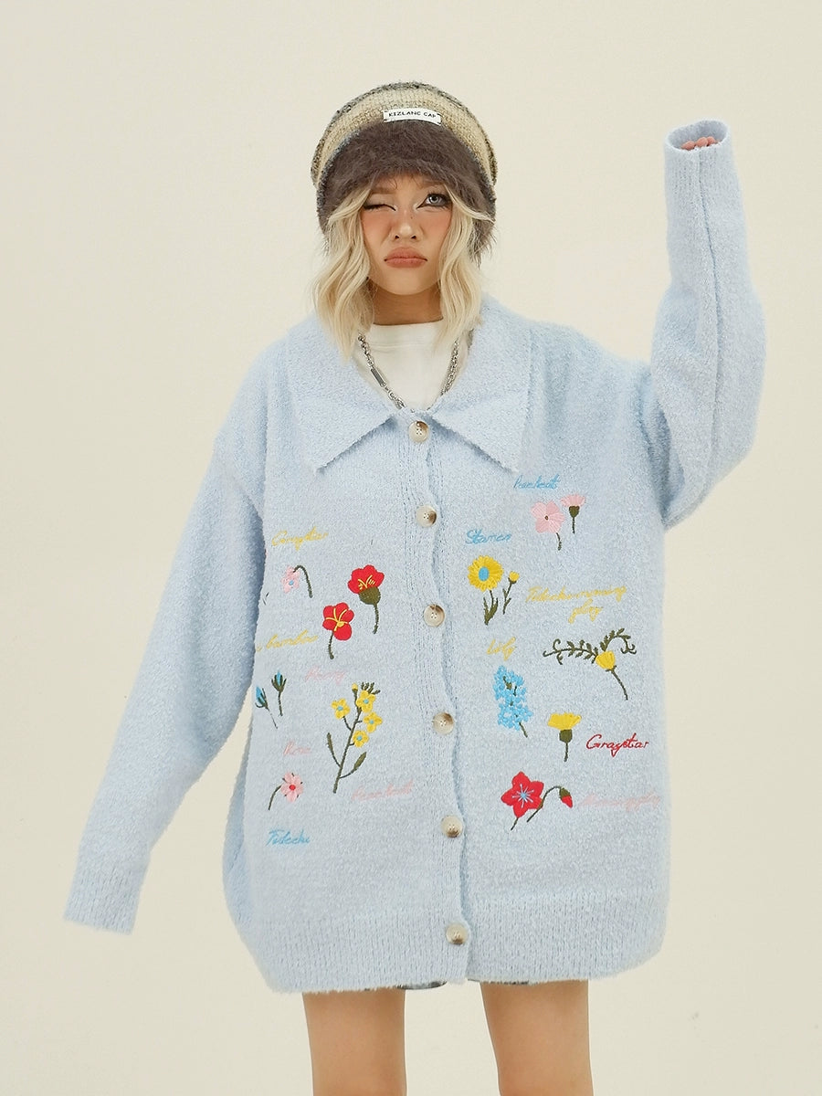 Floral Embroidery Oversize Polo Knit Cardigan NA6328