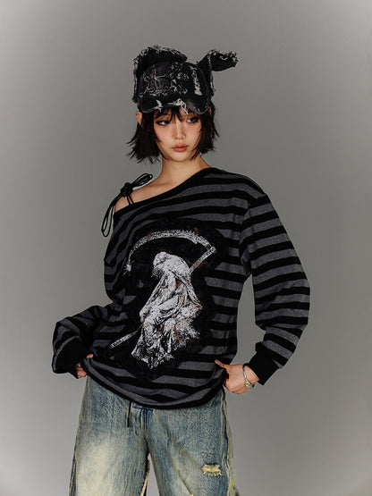 Off-Shoulder Drawstring Stripe Oversize Long Sleeve T-Shirt NA8885