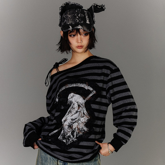Off-Shoulder Drawstring Stripe Oversize Long Sleeve T-Shirt NA8885