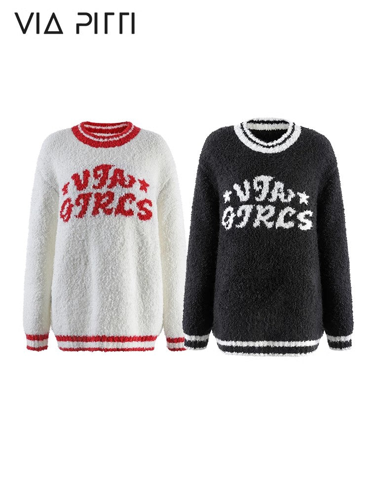 Contrast Letter Round Neck Knit Sweater NA4958