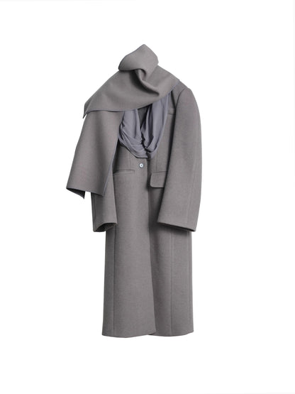 Collar Design Wool Long Coat with Scarf NA5169