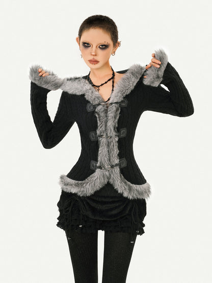 Hooded Fur Collar Fitted Knit Cardigan NA8594