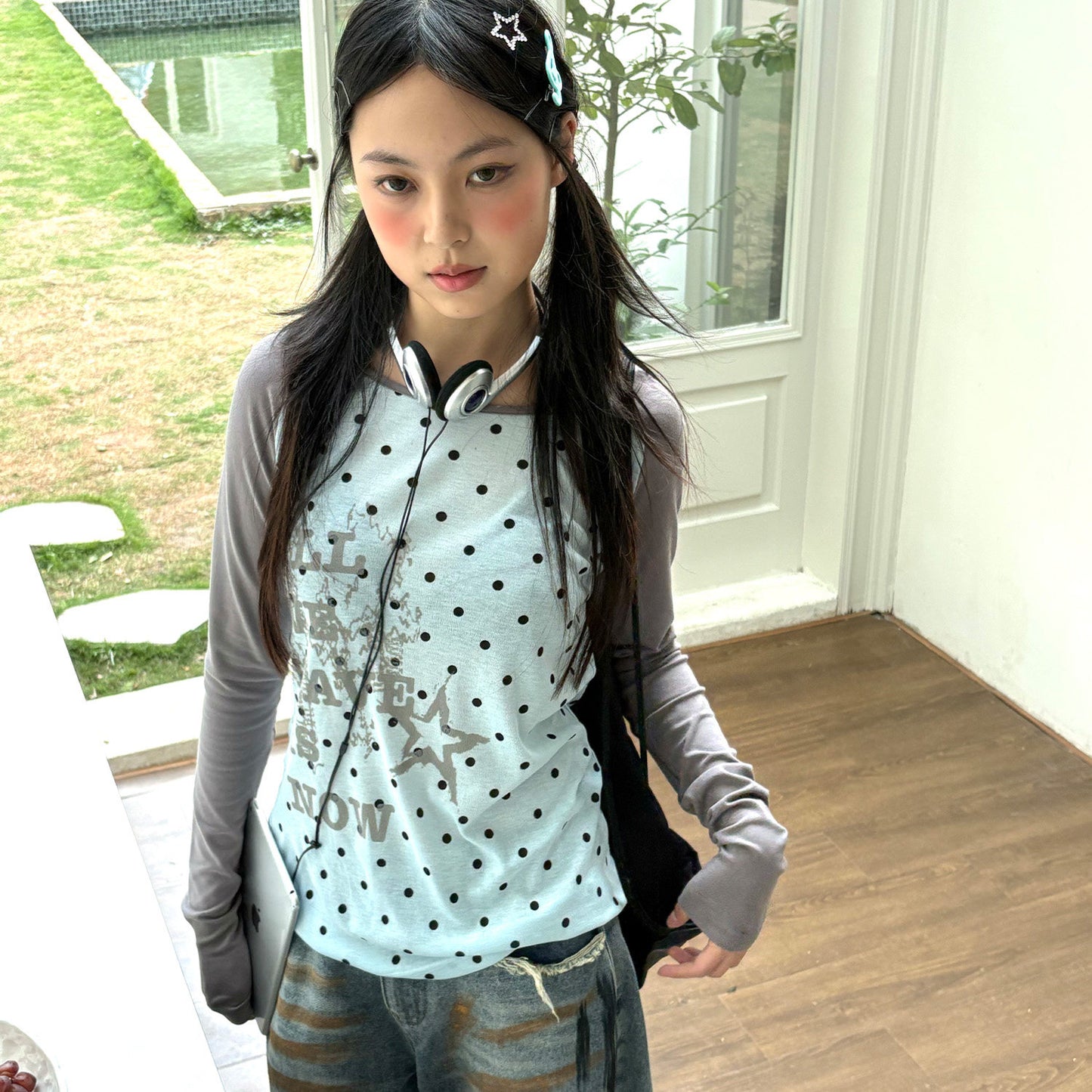 Polka Dot Letter Print Fake Layered Fitted Long Sleeve T-Shirt NA9295