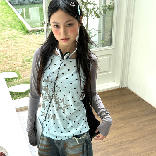 Polka Dot Letter Print Fake Layered Fitted Long Sleeve T-Shirt NA9295