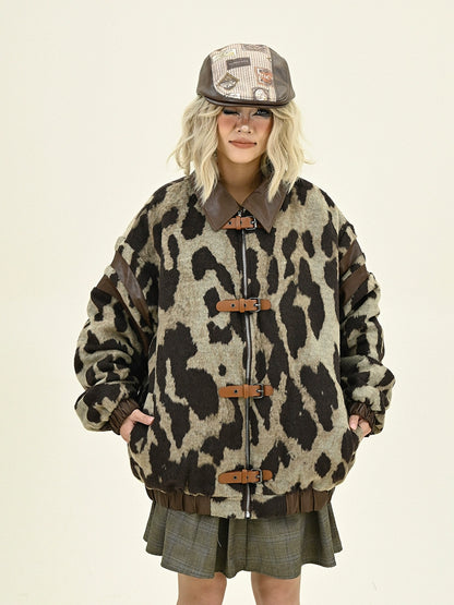 Leopard Print Oversize Thick Zipper Jacket NA6232