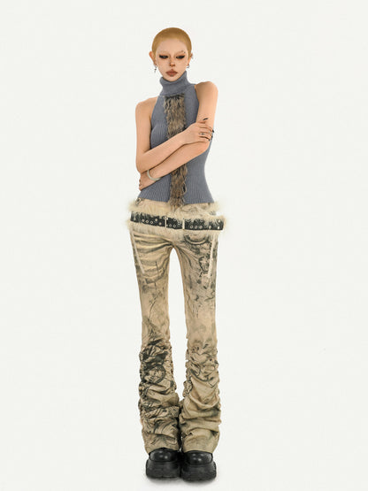 Ink Print Low Rise Stacked Flare Denim Jeans NA8585