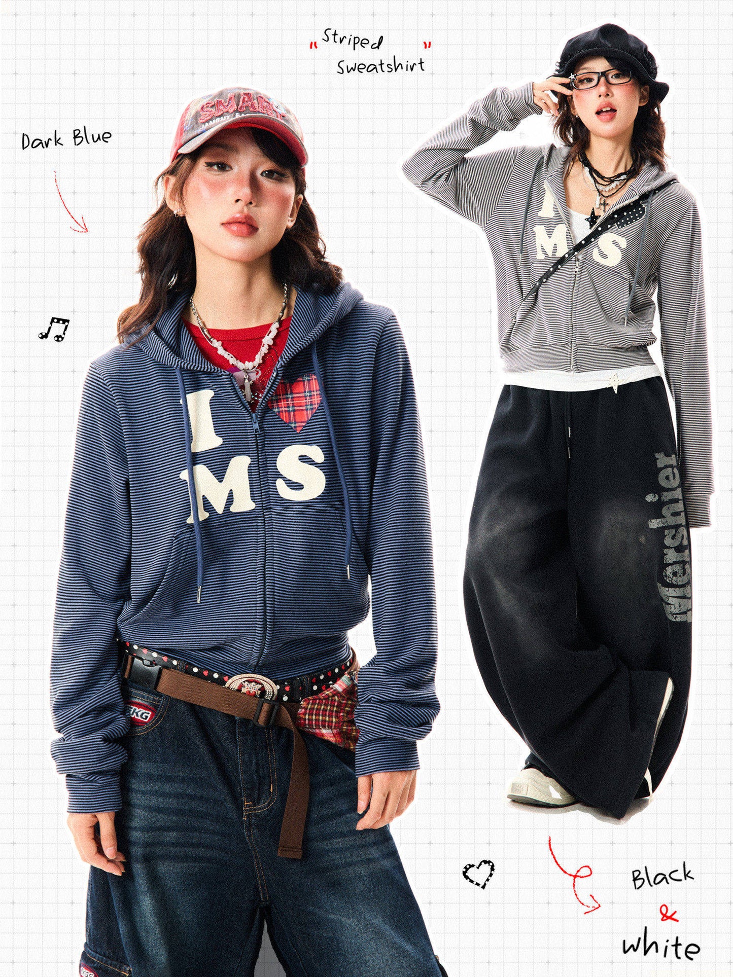 Heart Letter Print Stripe Cropped Zipper Hoodie NA9311