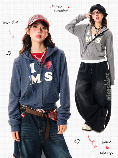 Heart Letter Print Stripe Cropped Zipper Hoodie NA9311