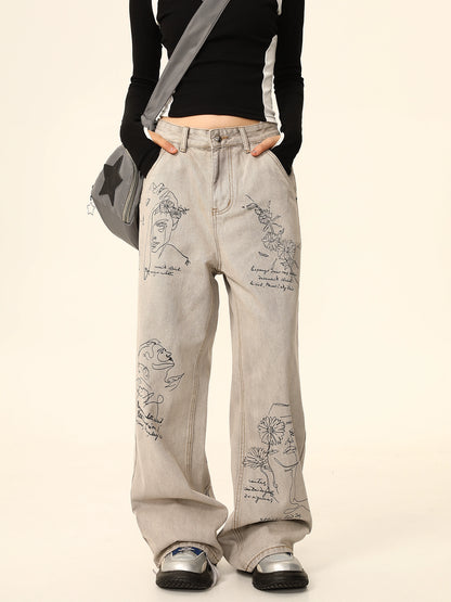 Washed Wide-Leg Straight Denim Jeans NA2931