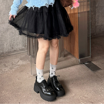 Metal Buckle Platform Round Toe Lace-Up Heeled Shoes NA8760