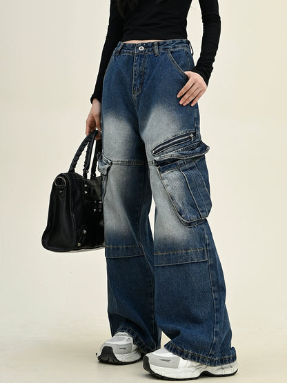 Oversize Washed Large Pocket Cargo Denim Jeans NA6282