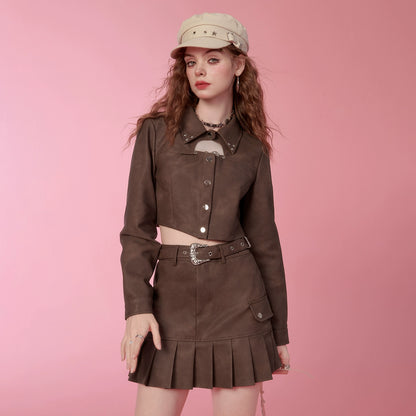 PU Leather Short Jacket & Short Pleats Skirt Setup NA6767