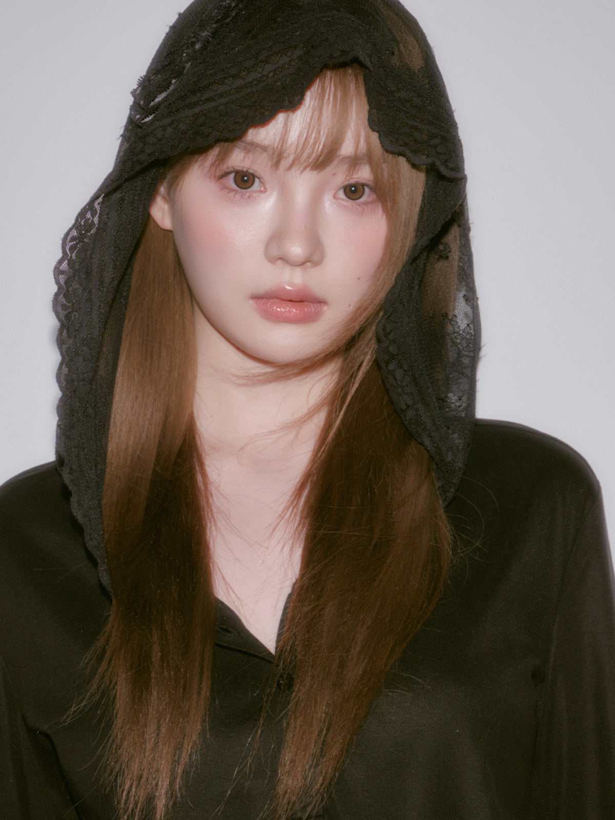 Lace Bow Hooded Long Sleeve Lyocell Shirt NA8815